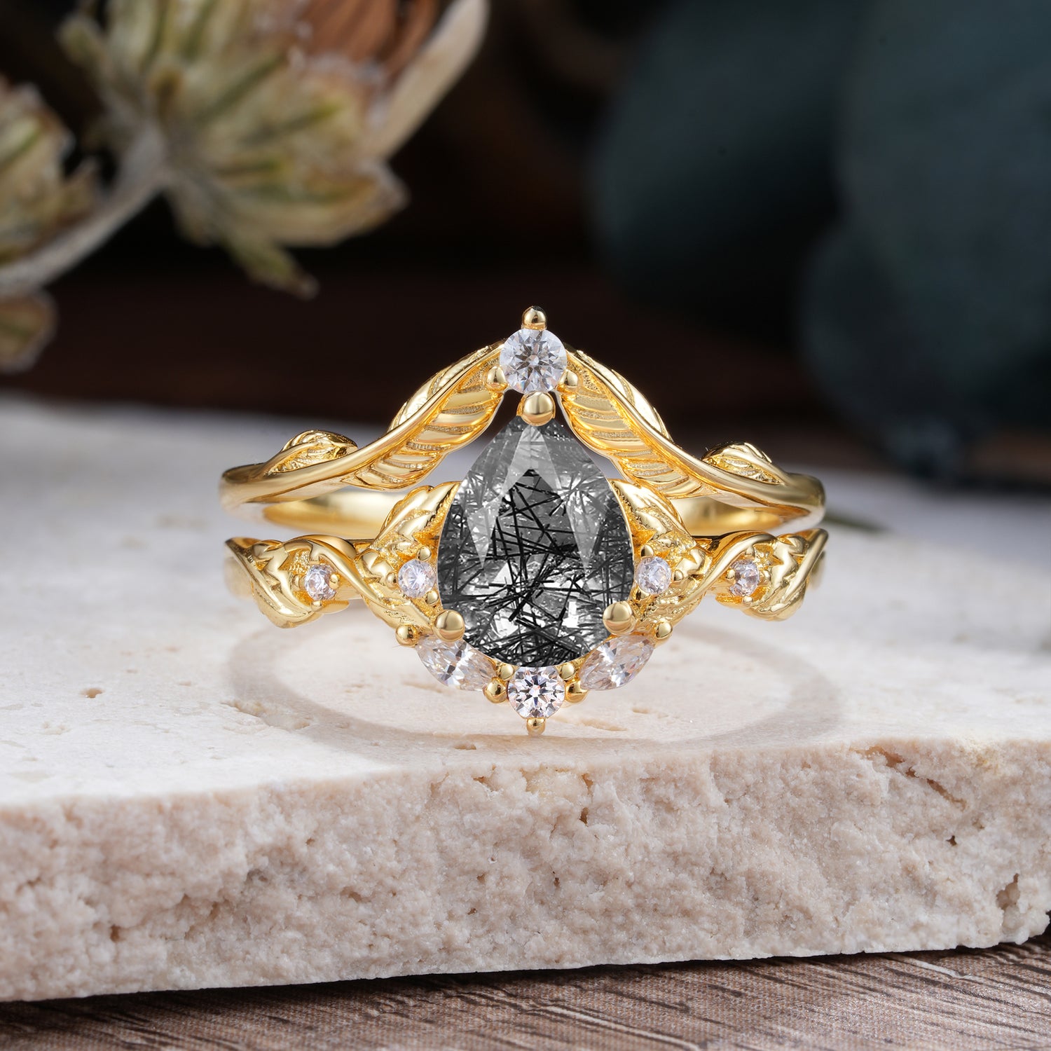 Nature-Inspired 3-Prong Pear-Cut Black Rutilated Quartz Engagement Ring Set