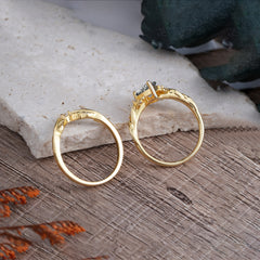 Nature-Inspired 3-Prong Tear-Cut Black Rutilated Quartz Engagement Ring Set