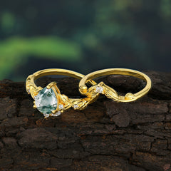 Nature-Inspired 3-Prong Tear-Cut Natural Moss Agate Engagement Ring Set