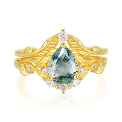 Nature-Inspired 3-Prong Tear-Cut Natural Moss Agate Engagement Ring Set