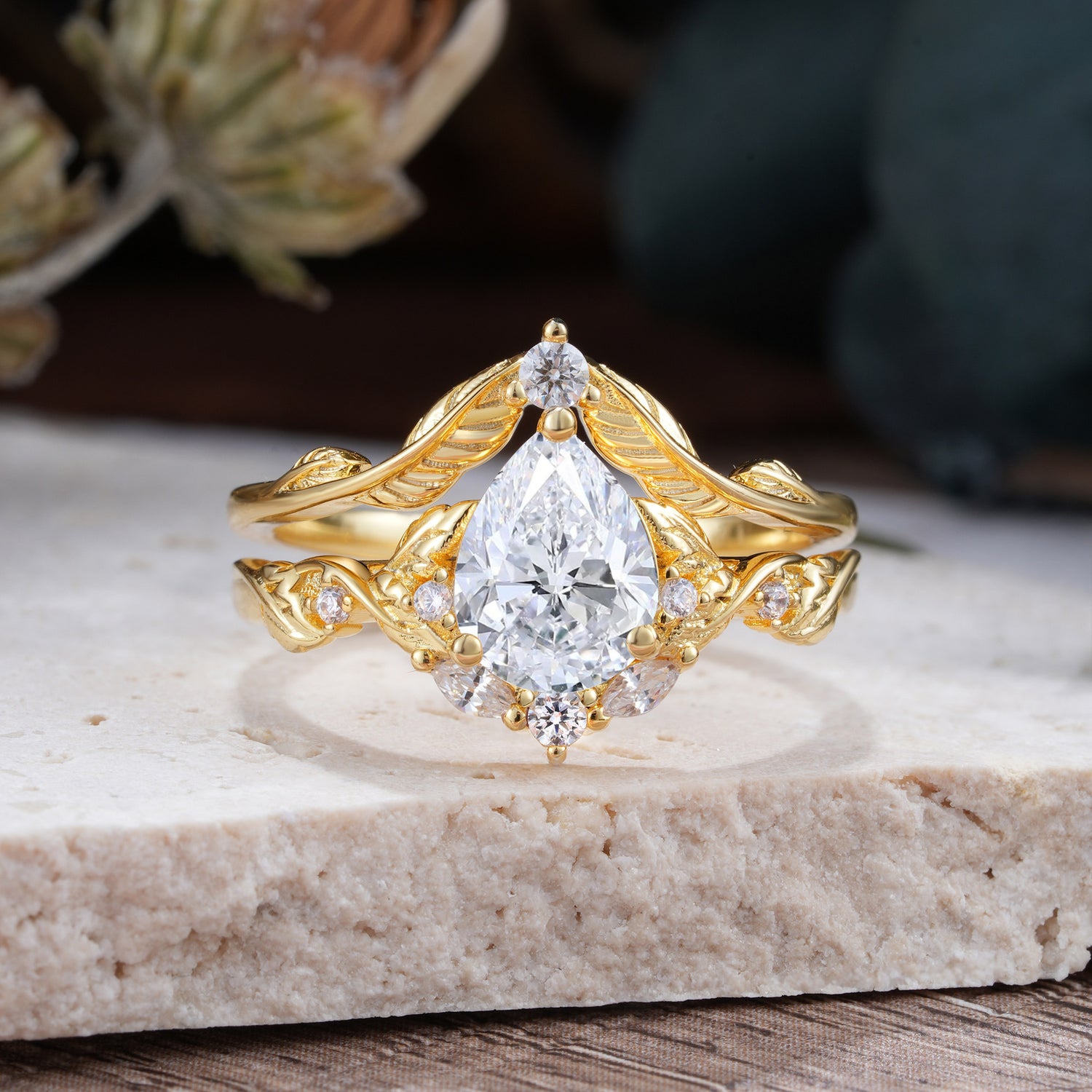 Nature-Inspired 3-Prong Pear-Cut Lab Diamond Engagement Ring Set
