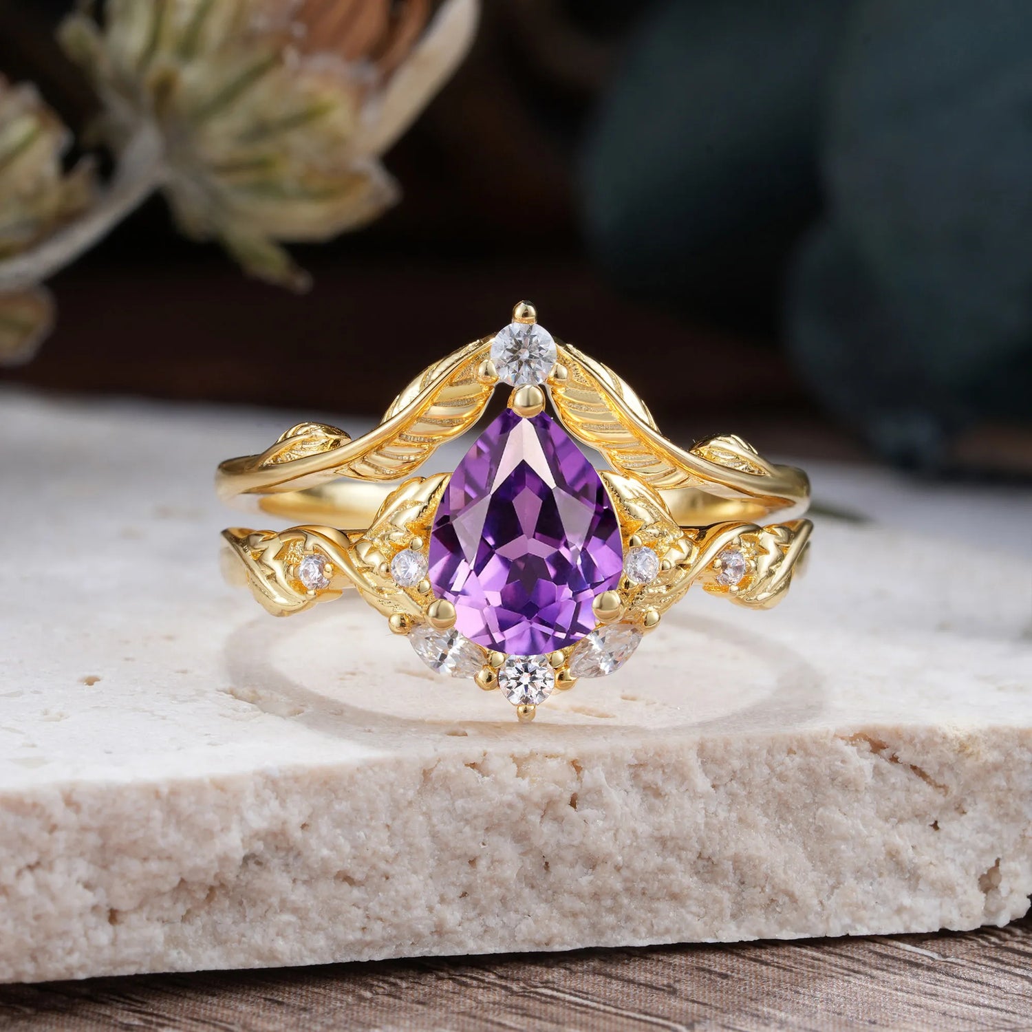 Nature-Inspired 3-Prong Pear-Cut Amethyst Engagement Ring Set