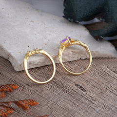Nature-Inspired 3-Prong Tear-Cut Amethyst Engagement Ring Set