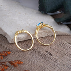 Nature-Inspired 3-Prong Tear-Cut Aquamarine Engagement Ring Set