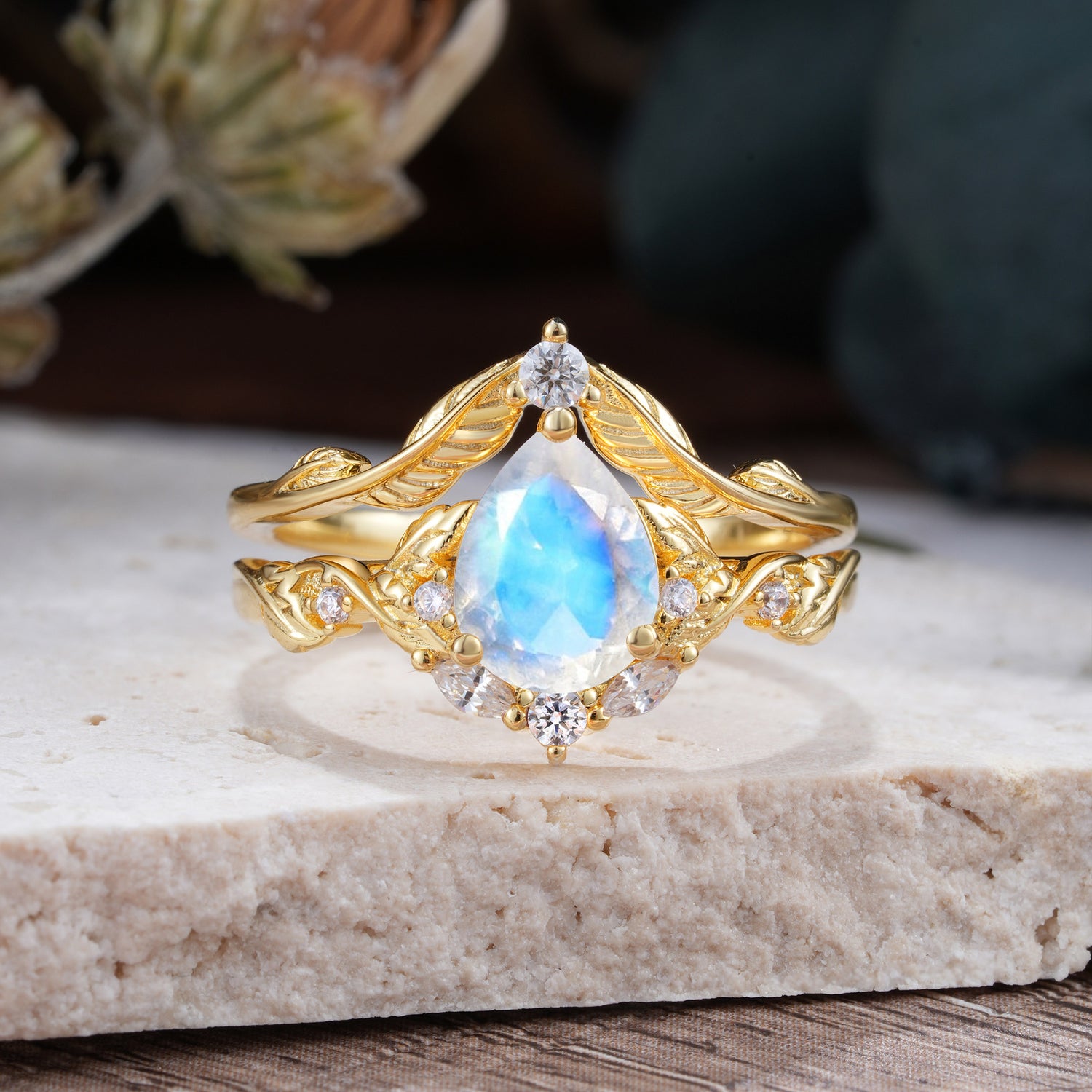 Nature-Inspired 3-Prong Pear-Cut Moonstone Engagement Ring Set
