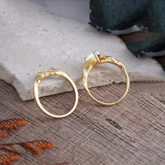 Nature-Inspired 3-Prong Tear-Cut Moonstone Engagement Ring Set