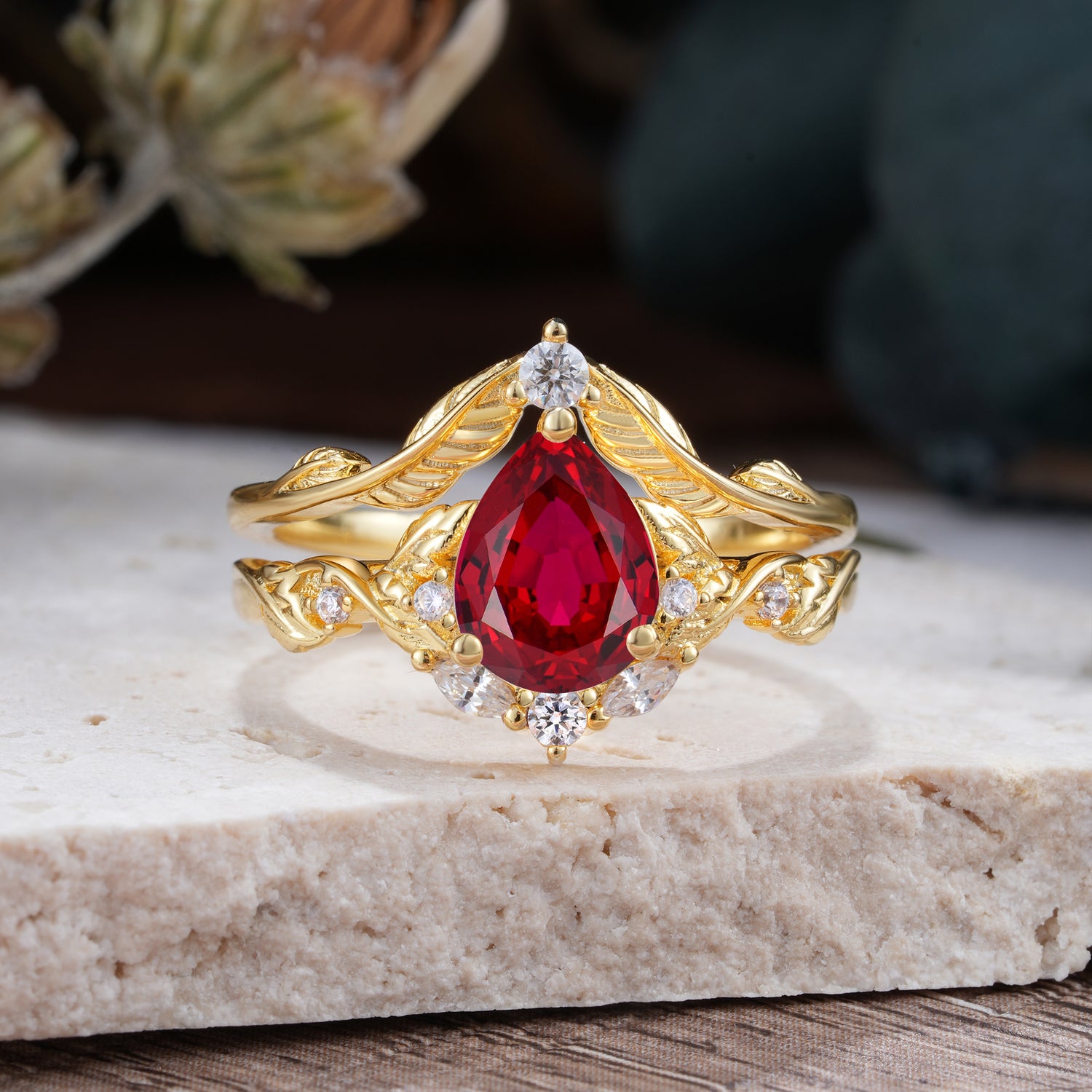 Nature-Inspired 3-Prong Pear-Cut Ruby Engagement Ring Set