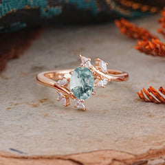 Nature-Inspired 6-Prong Oval Cut Moss Agate Engagement Ring