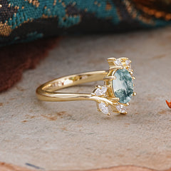 Nature-Inspired 6-Prong Oval Cut Moss Agate Engagement Ring