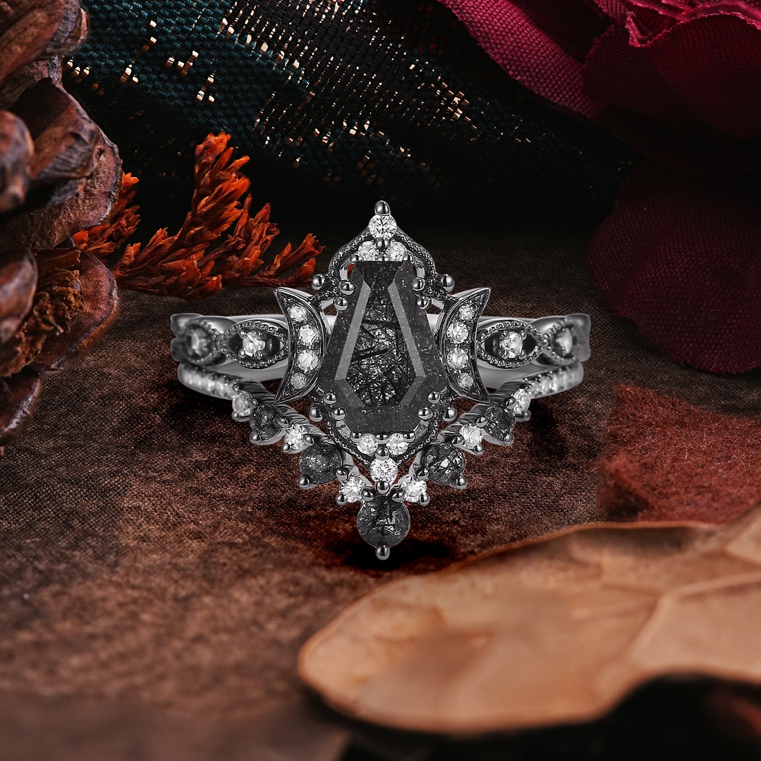 Halloween Limited-Crescent Moon | Coffin Cut Black Rutilated Quartz Ring Set