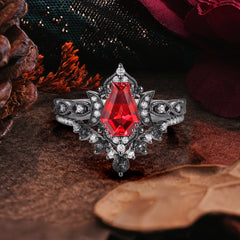 Halloween Limited-Crescent Moon | Coffin Cut Black Rutilated Quartz Ring Set