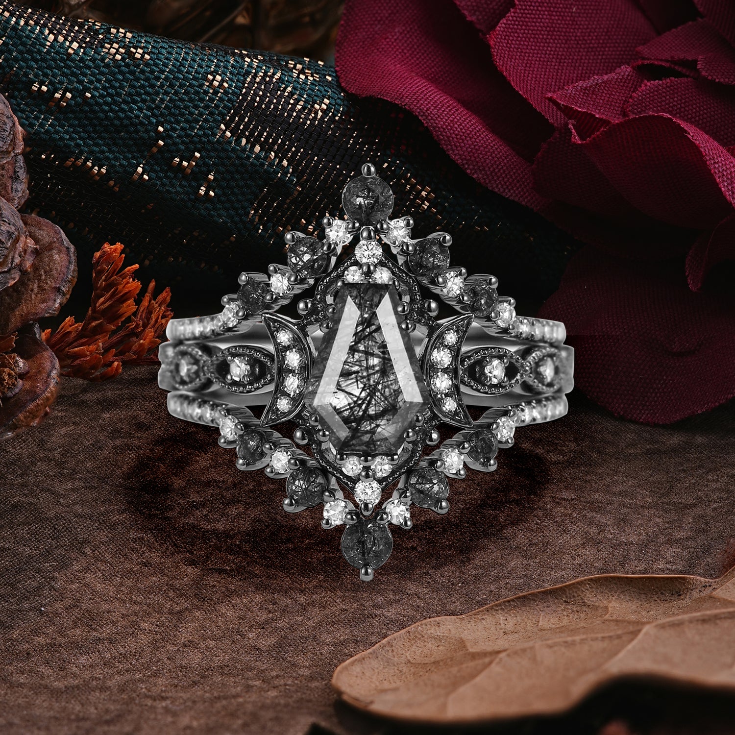 Halloween Limited-Crescent Moon | Coffin Cut luxurious Black Rutilated Quartz Black Ring Set