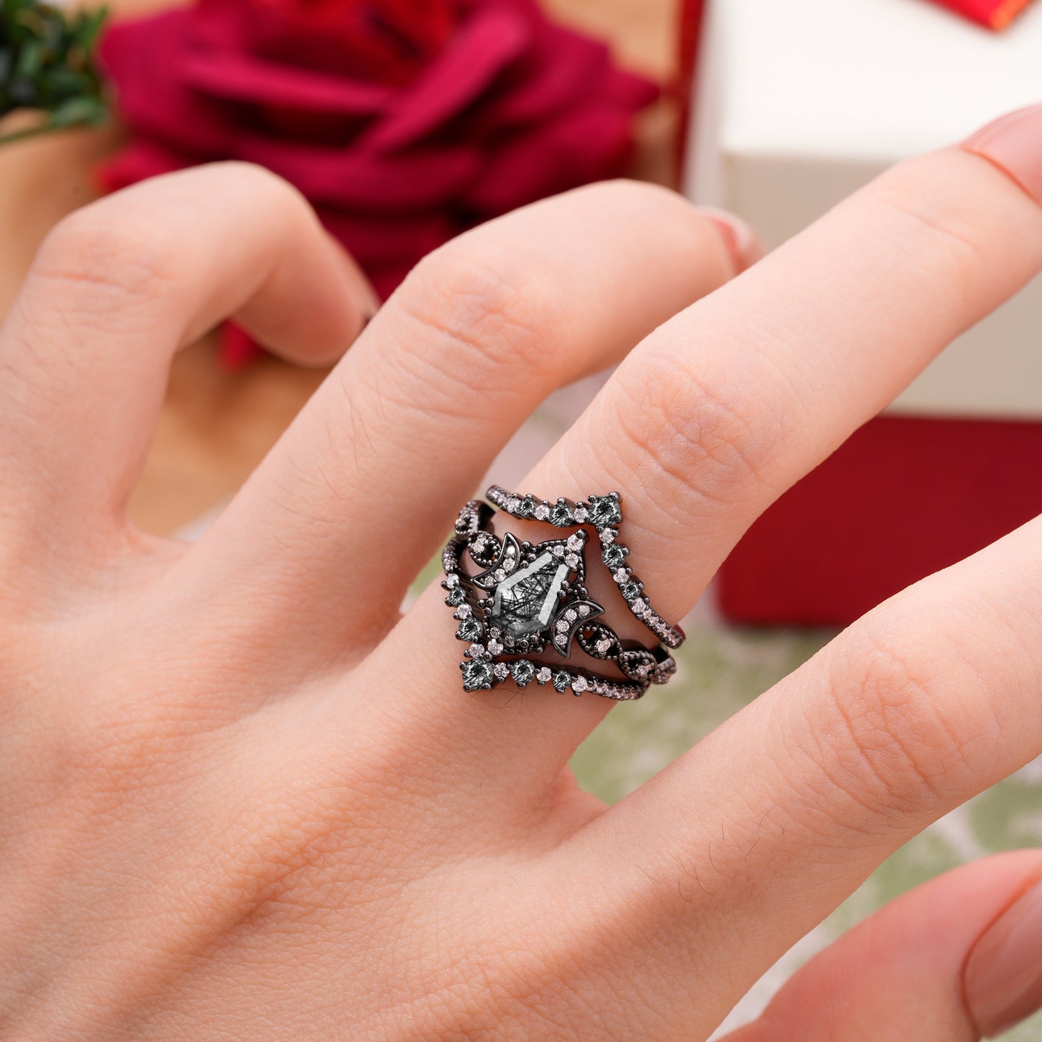 Halloween Limited-Crescent Moon | Coffin Cut luxurious Black Rutilated Quartz Black Ring Set