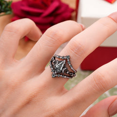 Halloween Limited-Crescent Moon | Coffin Cut luxurious Black Rutilated Quartz Black Ring Set