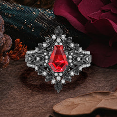 Halloween Limited-Crescent Moon | Coffin Cut luxurious Black Rutilated Quartz Black Ring Set