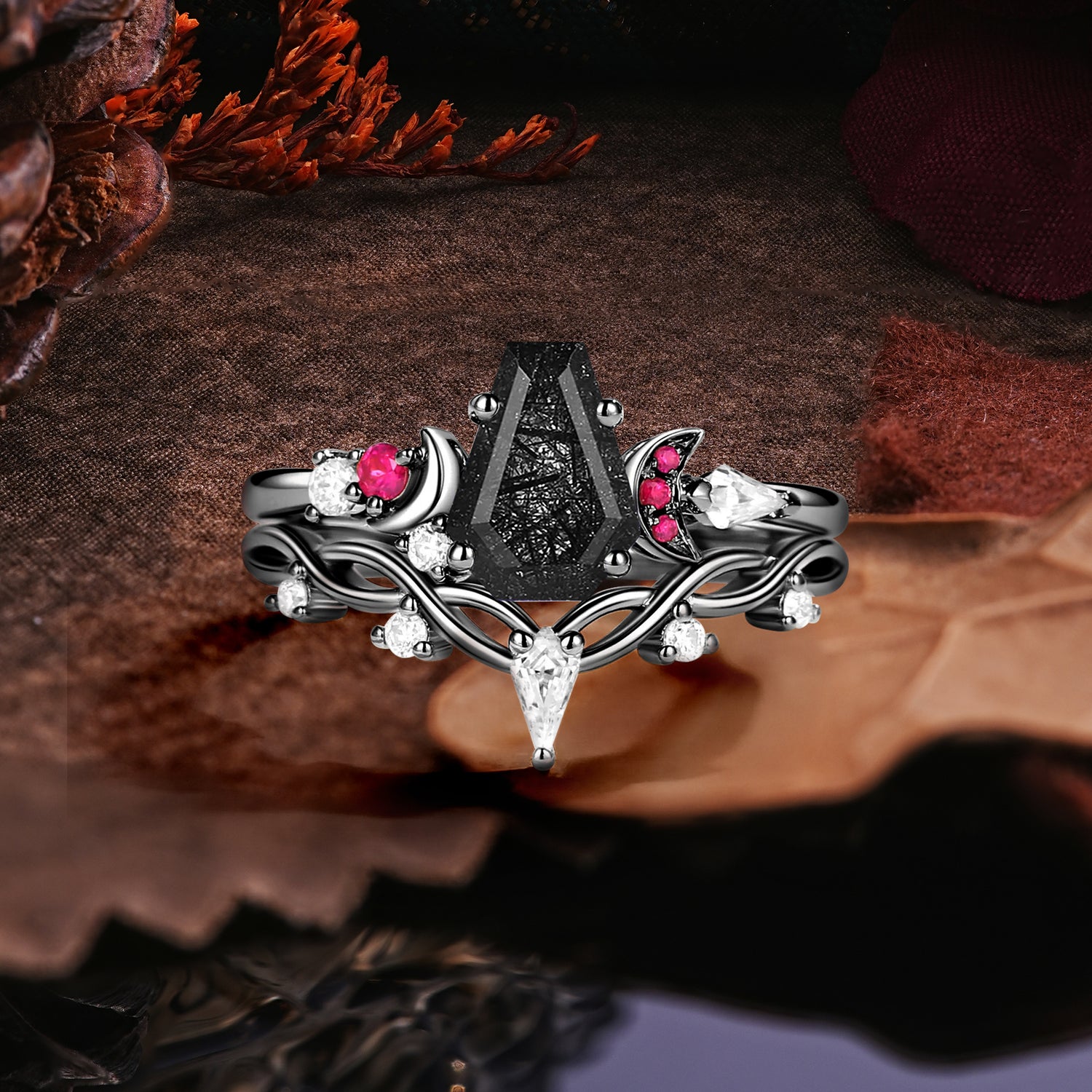 Dark Romantic Crescent Moon Coffin Cut Prong-Set Coffin Cut Center Stone + Round & Ruby Accents Bridal Ring Set - Romalar Jewelry