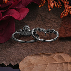 Halloween Limited-Crescent Moon | Gothic Coffin Cut Black Rutilated Quartz Ring Set