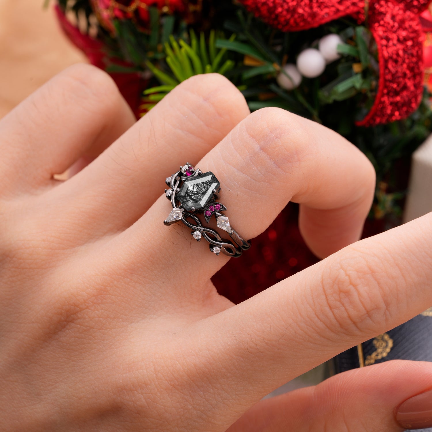 Dark Romantic Crescent Moon Coffin Cut Prong-Set Coffin Cut Center Stone + Round & Ruby Accents Bridal Ring Set - Romalar Jewelry