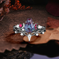 Halloween Limited-Crescent Moon | Gothic Coffin Cut Black Rutilated Quartz Ring Set