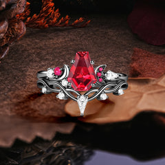 Halloween Limited-Crescent Moon | Gothic Coffin Cut Black Rutilated Quartz Ring Set