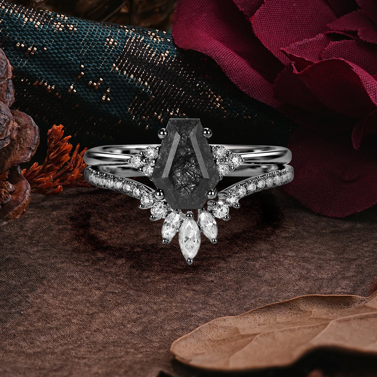 Classic Dark Romantic 4 Prong Coffin Cut Black Rutilated Quartz Bridal Ring Set - Romalar Jewelry