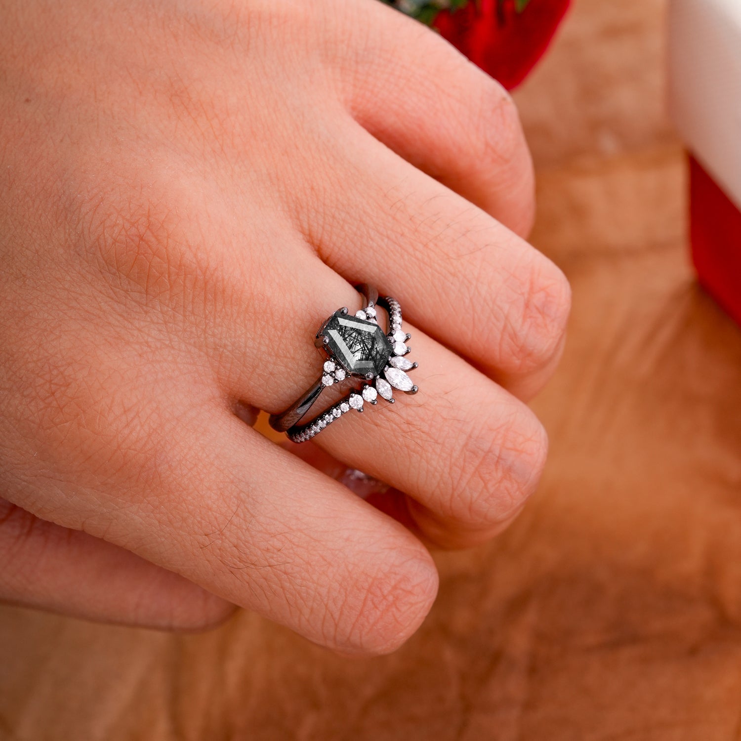 Classic Dark Romantic 4 Prong Coffin Cut Black Rutilated Quartz Bridal Ring Set - Romalar Jewelry