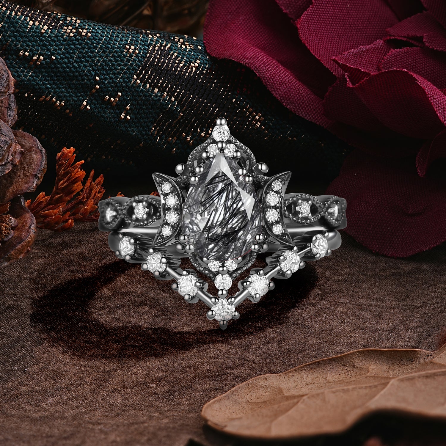 Dark Romantic Crescent Moon Pear Cut Gothic Bridal Ring Set - Romalar Jewelry