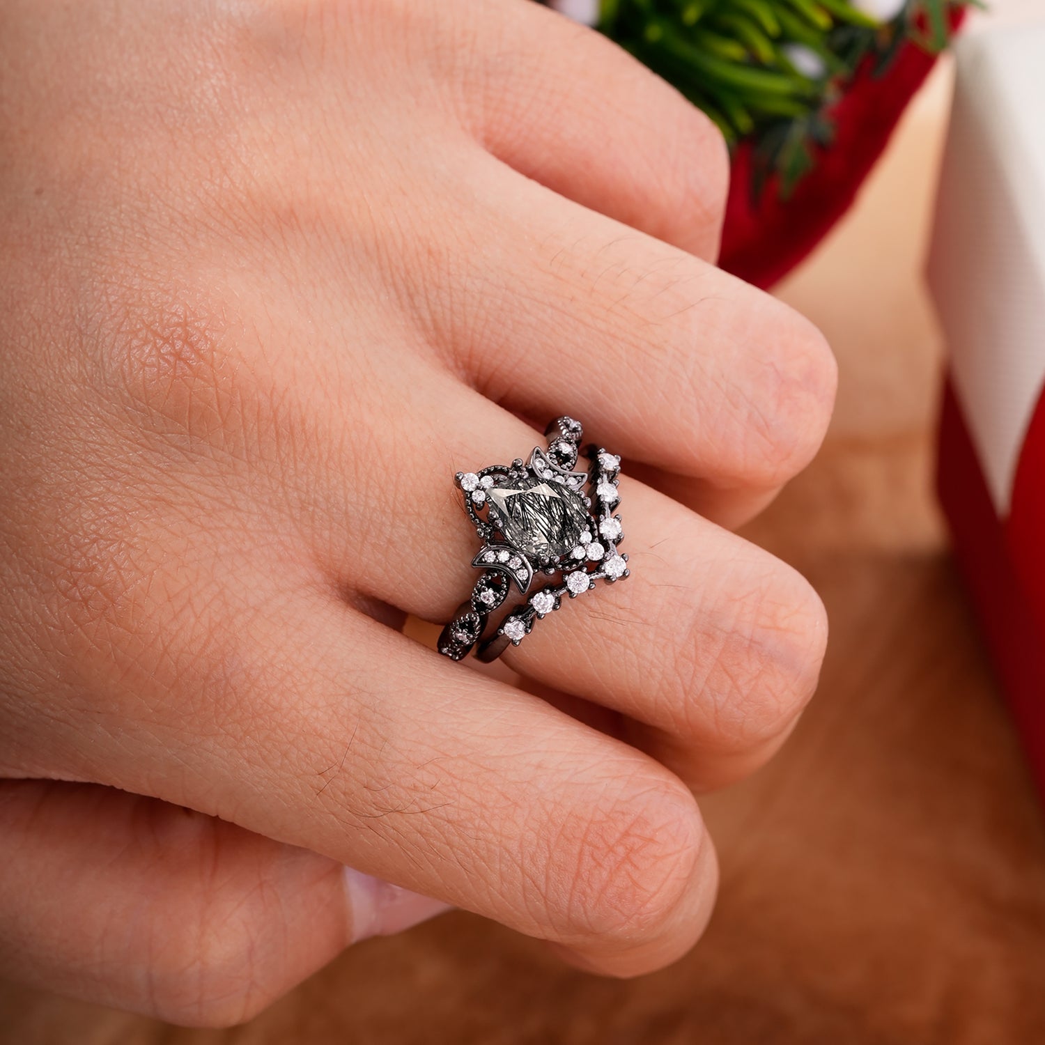 Dark Romantic Crescent Moon Pear Cut Gothic Bridal Ring Set - Romalar Jewelry