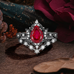 Halloween Limited-Crescent Moon | Gothic Pear Cut Black Rutilated Quartz Ring Set