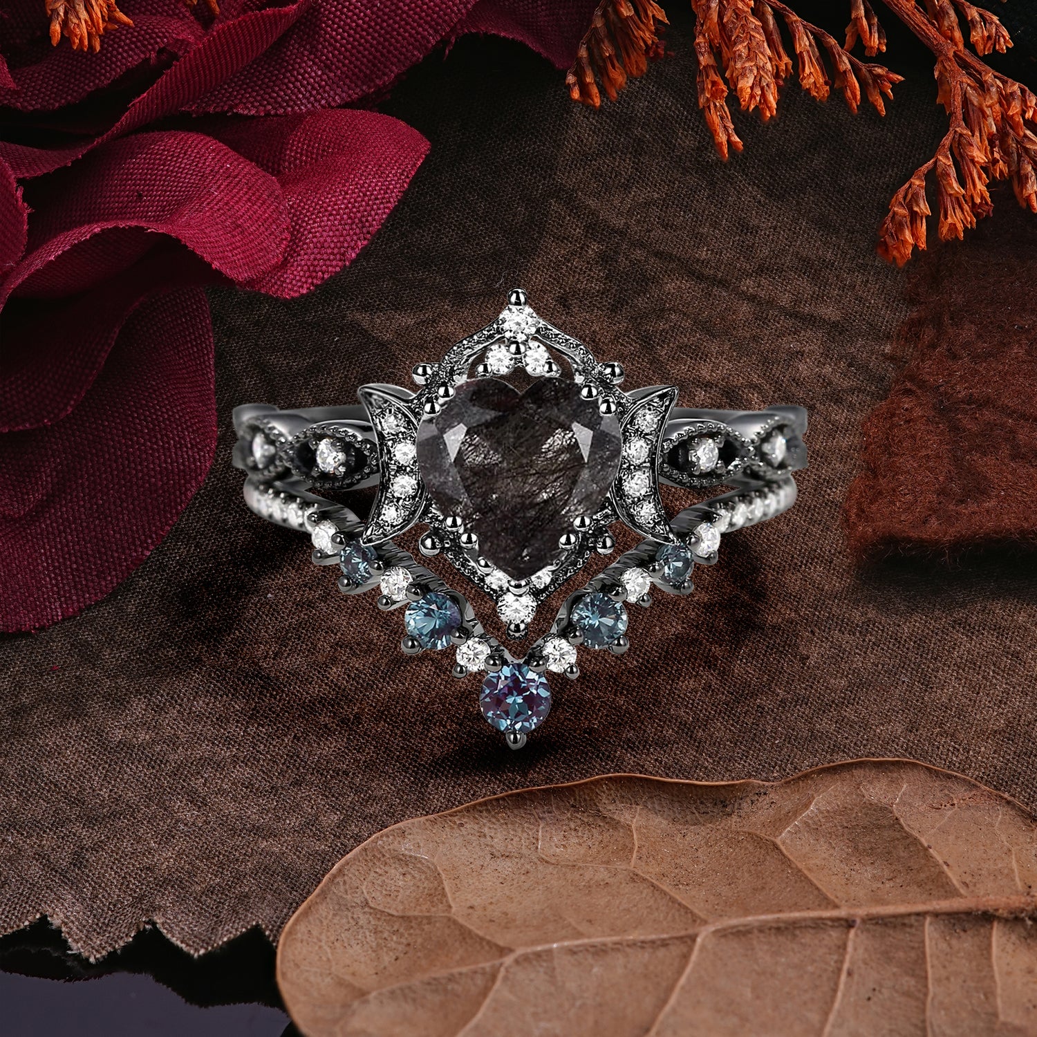 Halloween Limited-Crescent Moon | Gothic Heart Cut Black Rutilated Quartz Ring Set