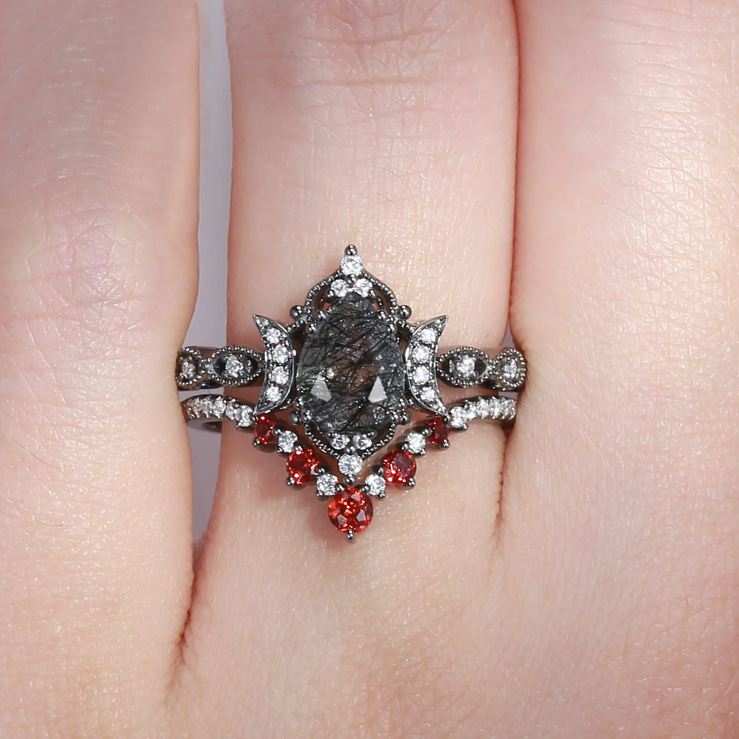 Halloween Limited-Crescent Moon | Luxury Pear Cut Black Rutilated Quartz Ring Set