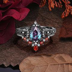 Halloween Limited-Crescent Moon | Luxury Pear Cut Black Rutilated Quartz Ring Set