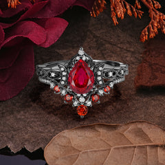 Halloween Limited-Crescent Moon | Luxury Pear Cut Black Rutilated Quartz Ring Set