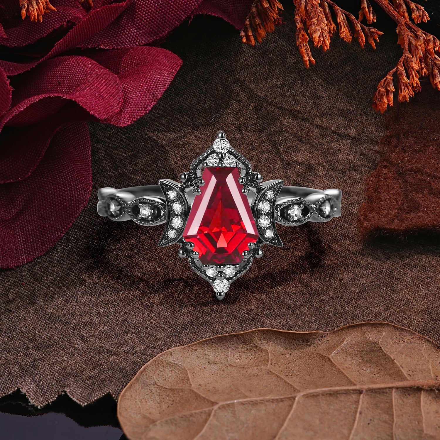 Halloween Limited-Crescent Moon | Exquisite Coffin Cut Black Rutilated Quartz Ring Set