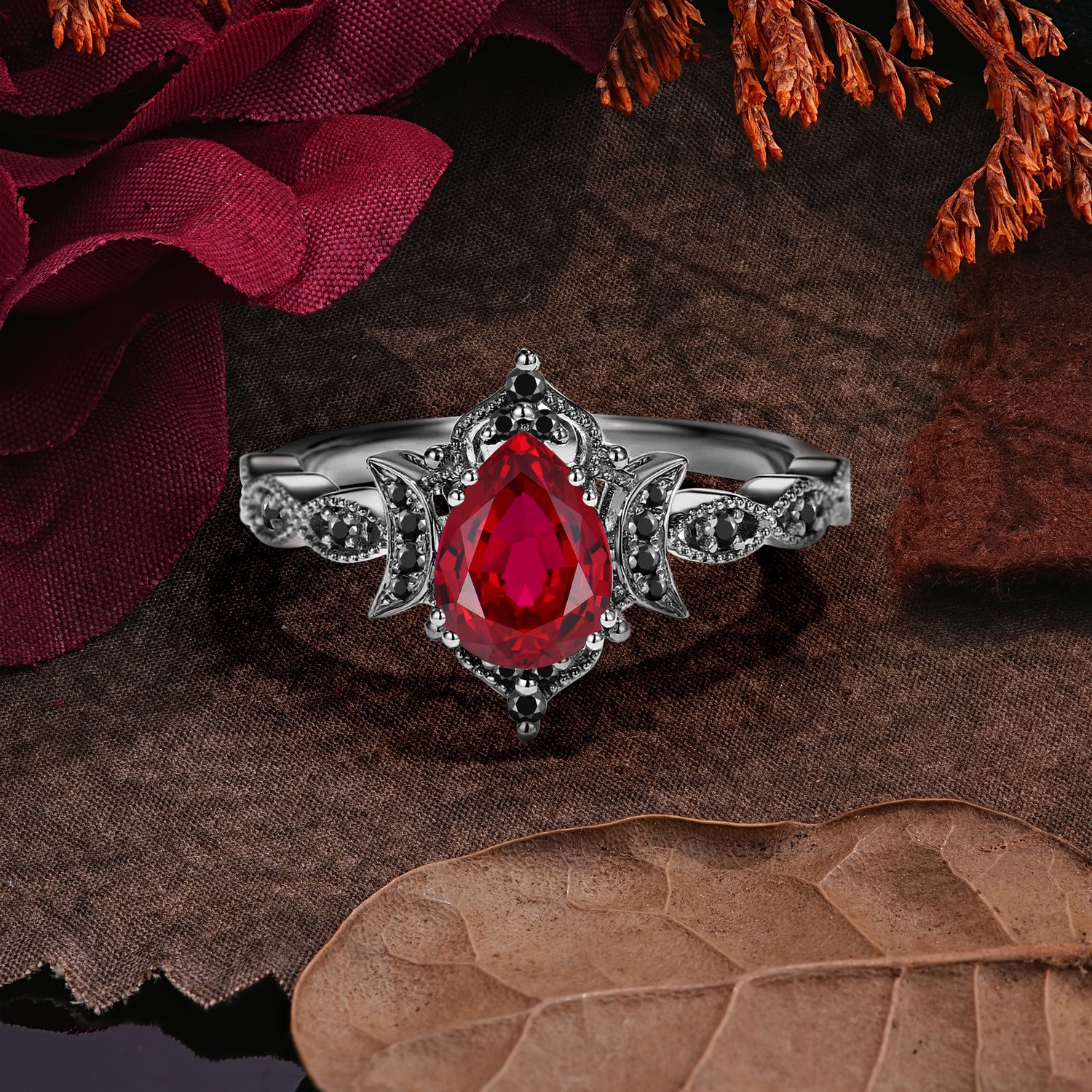 Halloween Limited-Crescent Moon| Nature-Inspired Pear Cut Black Rutilated Quartz Ring Set