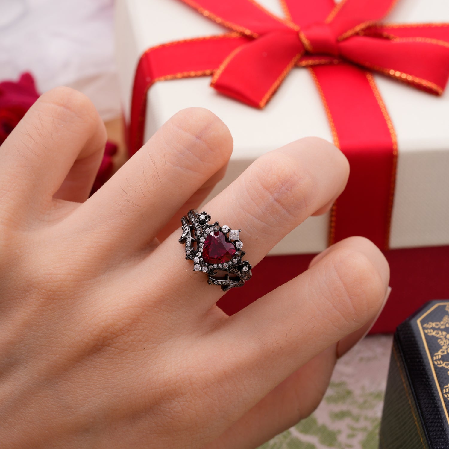 Halloween Limited-Dark Natural Inspiration Halo Heart Cut Black Rutilated Quartz Ring Set