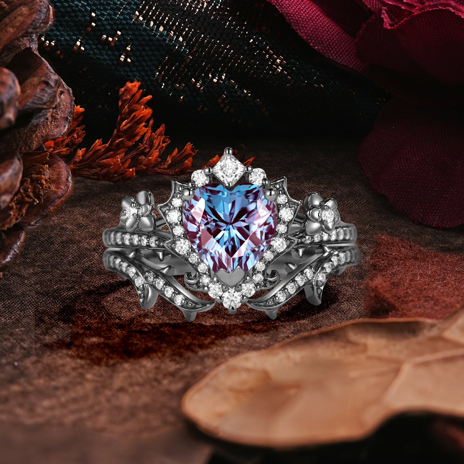 Dark Romantic Heart Cut Hand-Carved Crown & Spike Detail Bridal Ring Set
