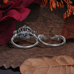 Halloween Limited-Dark Natural Inspiration Halo Heart Cut Black Rutilated Quartz Ring Set