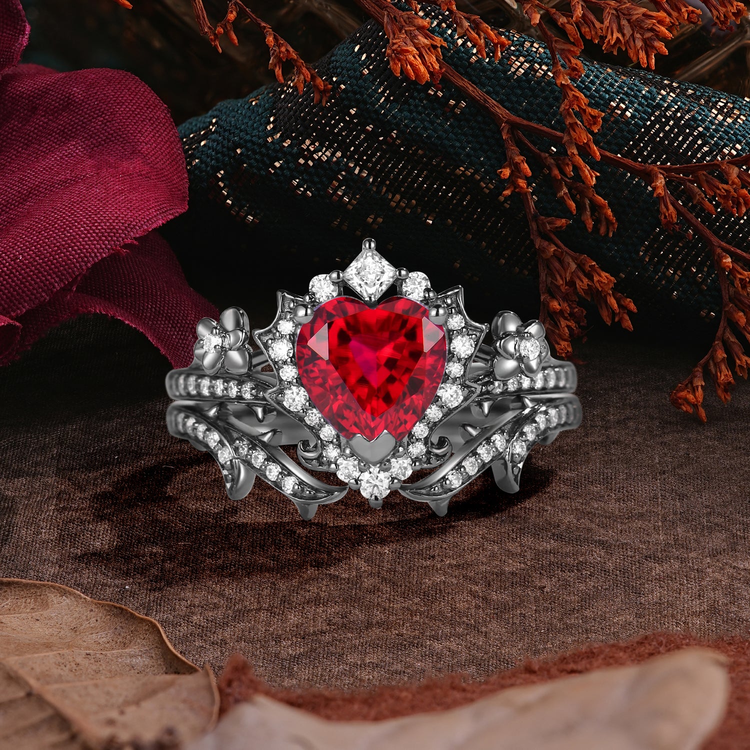 Halloween Limited-Dark Natural Inspiration Halo Heart Cut Black Rutilated Quartz Ring Set