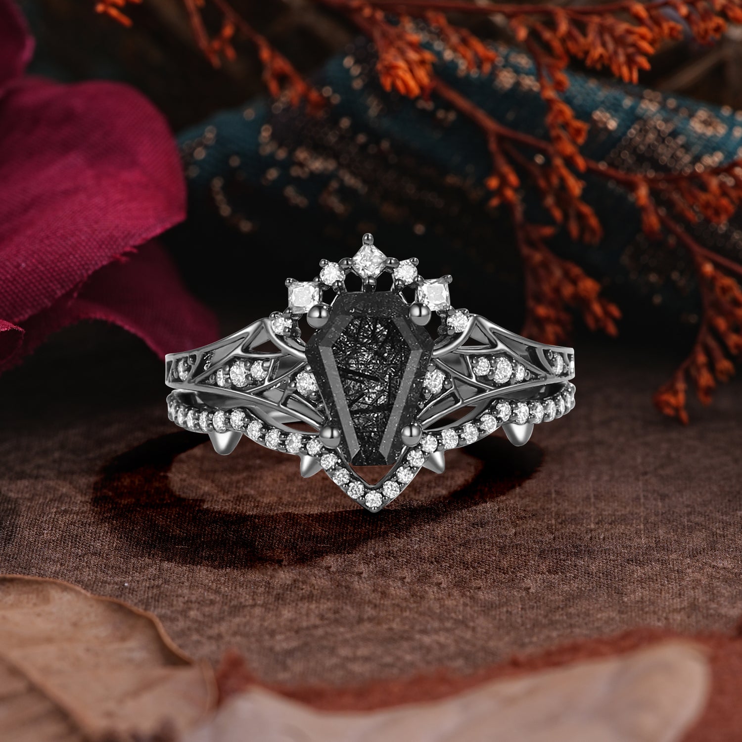 Halloween Limited | Unique 4-Prong Coffin Cut Black Rutilated Quartz Ring Set