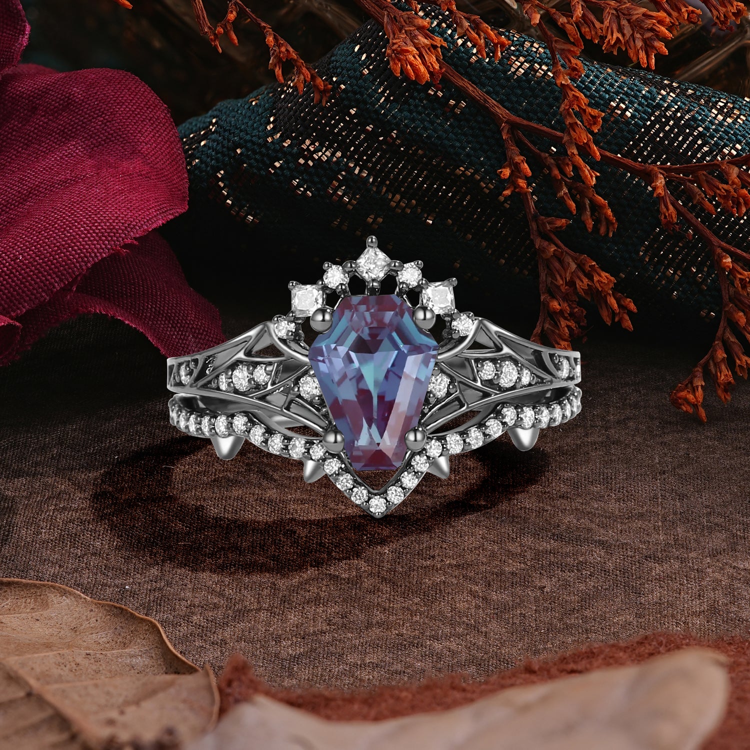 Halloween Limited | Unique 4-Prong Coffin Cut Black Rutilated Quartz Ring Set