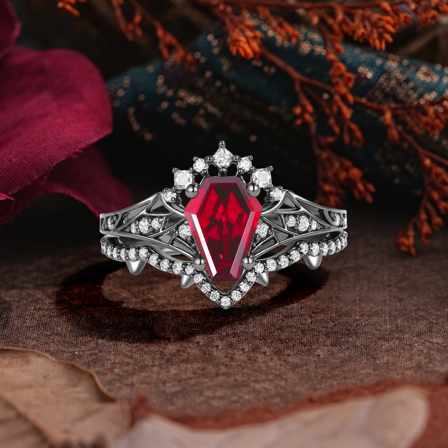Dark Romantic 4-Prong Coffin Cut Crown Spike Bridal Ring Set