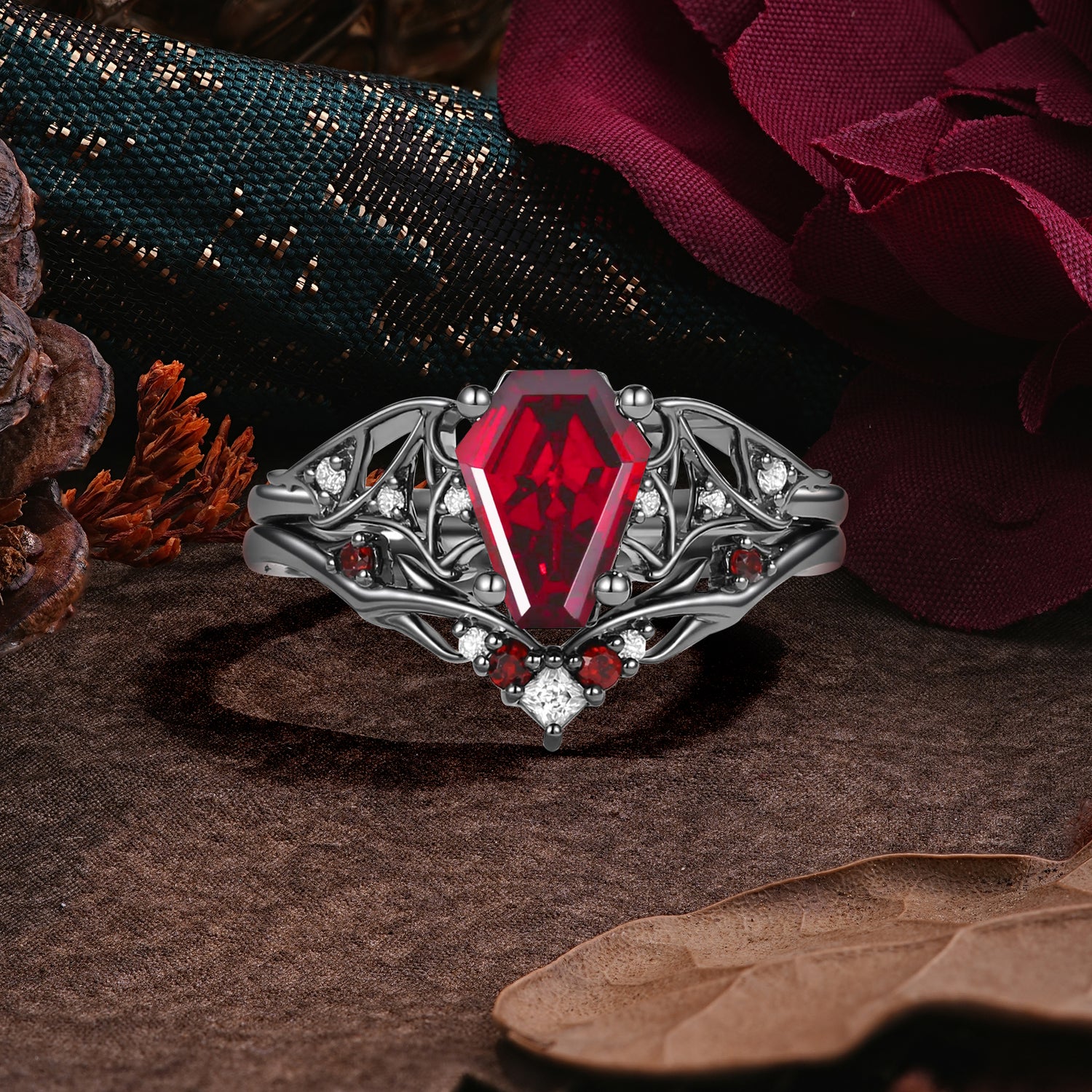 Halloween Limited | Coffin Cut Wing Inspired Black Rutilated Quartz Ring Set