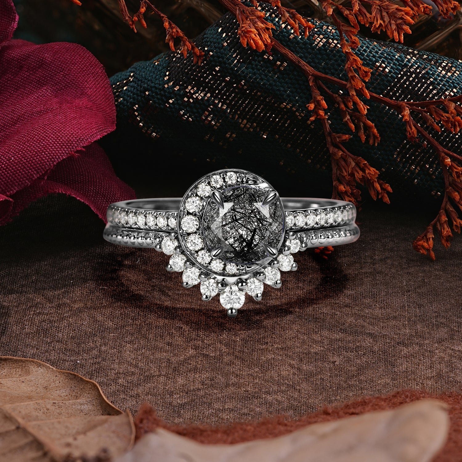 Halloween Limited-Crescent Moon | Halo Round Cut Black Rutilated Quartz Ring Set