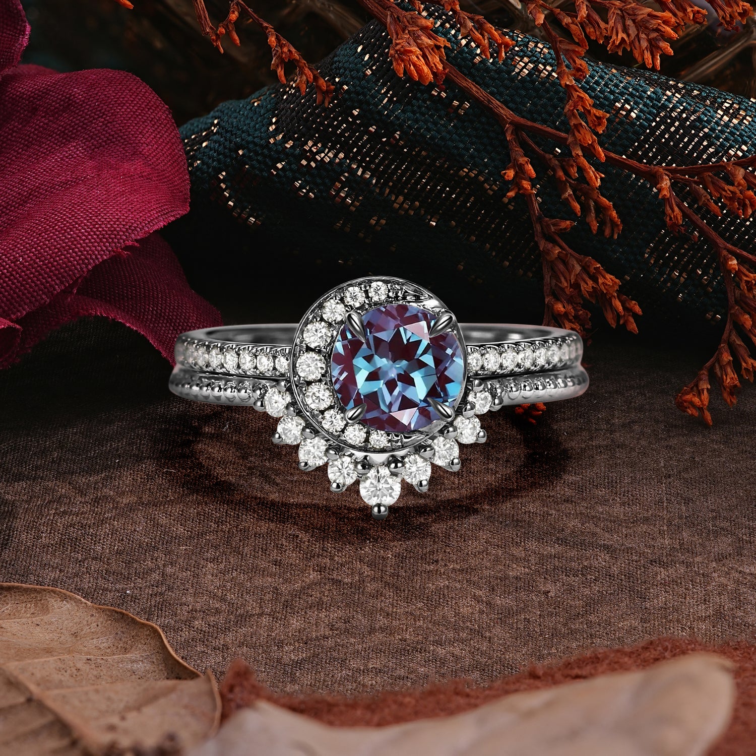 Halloween Limited-Crescent Moon | Halo Round Cut Black Rutilated Quartz Ring Set