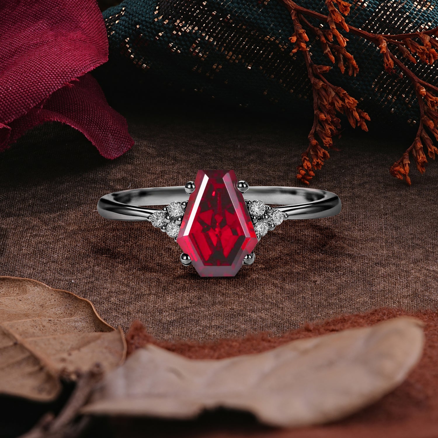 Classic Dark Romantic Coffin Cut Side Stone Engagement Ring