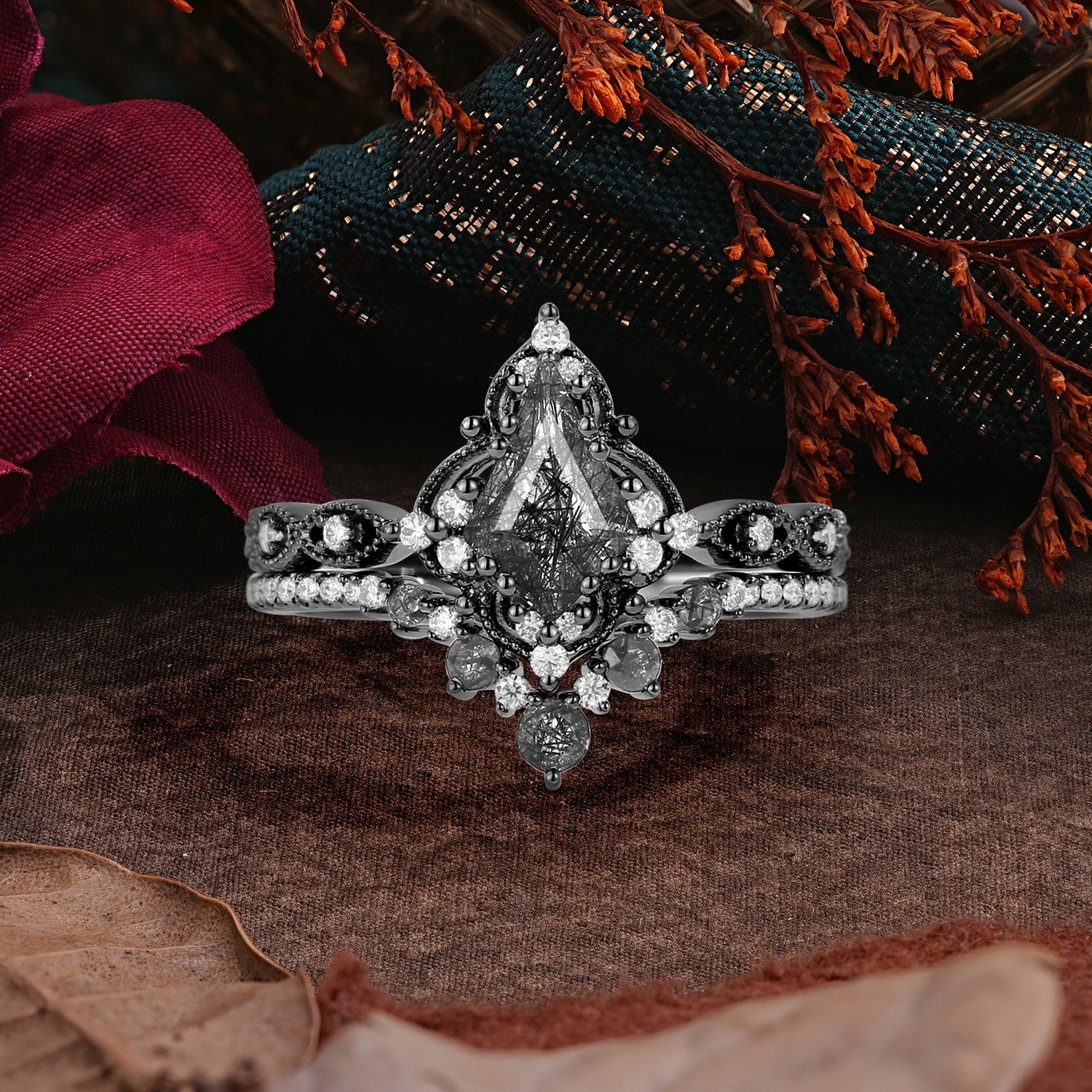 Halloween Limited | Vintage Kite Cut Black Rutilated Quartz Ring Set