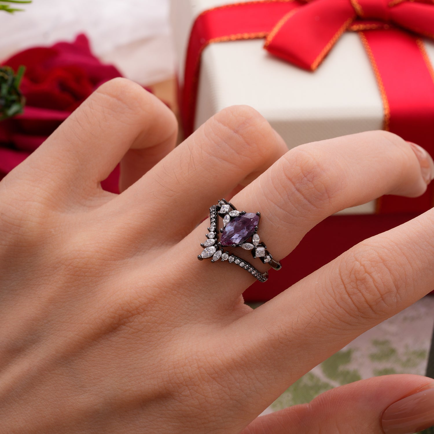 Halloween Limited-Luxury Classic 6 Prong Marquise Cut Black Rutilated Quartz Ring Set