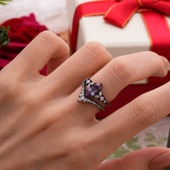 Halloween Limited-Luxury Classic 6 Prong Marquise Cut Black Rutilated Quartz Ring Set