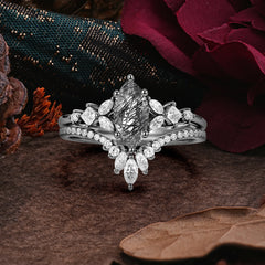 Halloween Limited-Luxury Classic 6 Prong Marquise Cut Black Rutilated Quartz Ring Set